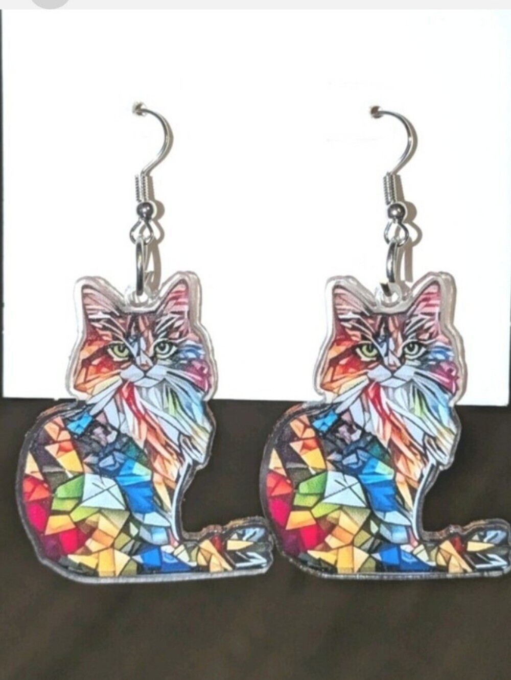 Colorful Mosaic Cat Dangle Earrings - Multicolor Cat Design